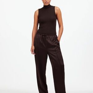 Pintucked Slim Pull-On Pants in Satin Dark Brown Carob Women's Pants size Small